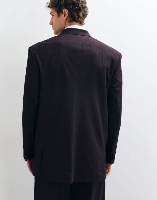 ASOS DESIGN relaxed double breasted suit jacket in burgundy metallic pinstripe, 3 of 5