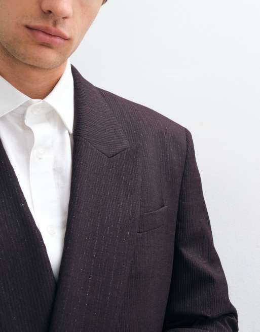 ASOS DESIGN relaxed double breasted suit jacket in burgundy metallic pinstripe, 4 of 5
