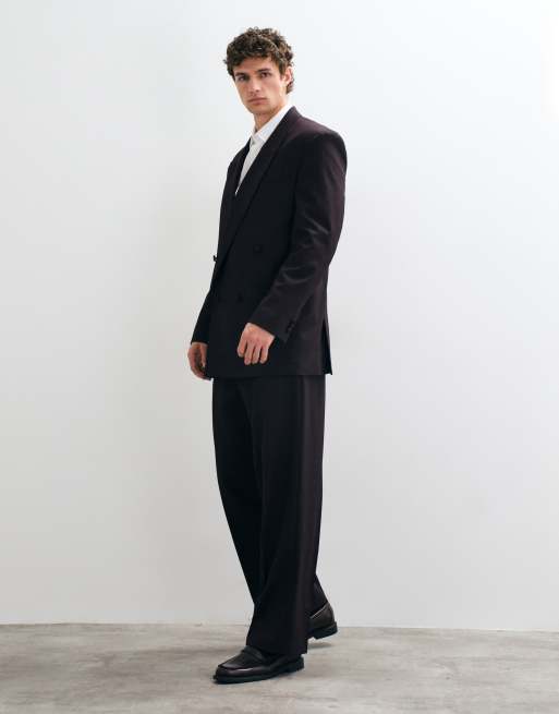 ASOS DESIGN relaxed double breasted suit jacket in burgundy metallic pinstripe, 5 of 5