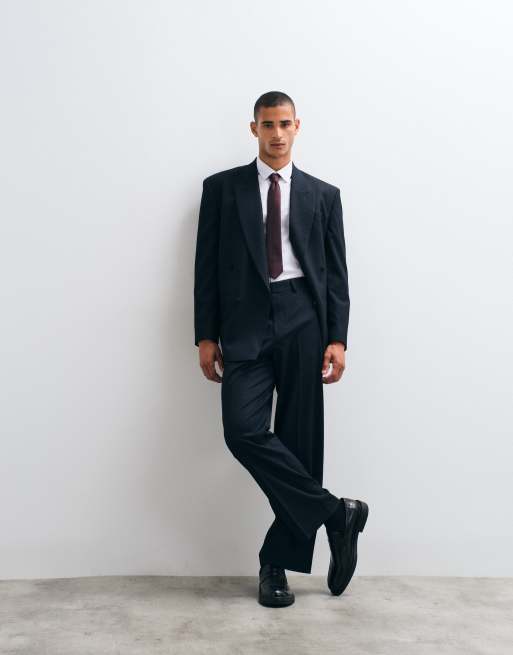 ASOS DESIGN relaxed double breasted suit jacket in navy metallic pinstripe, 3 of 5