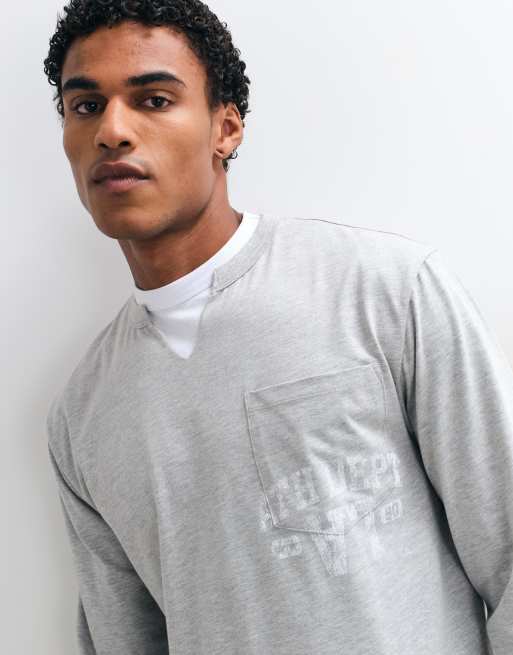 ASOS DESIGN relaxed double layer v neck tshirt with chest pocket and graphic in gray heather, 4 of 5