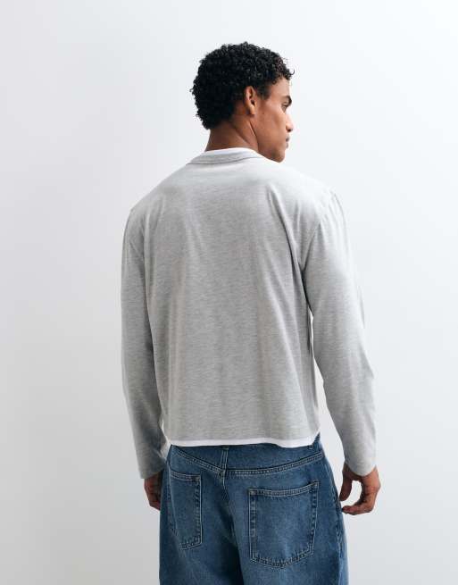 ASOS DESIGN relaxed double layer v neck tshirt with chest pocket and graphic in gray heather, 5 of 5