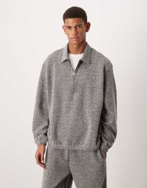 ASOS DESIGN relaxed drop shoulder quarter-zip sweatshirt in brown (Part of a set) - view 1