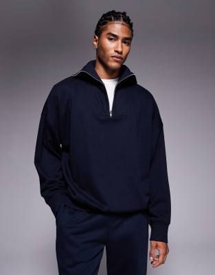 Asos Design Relaxed Drop Shoulder Quarter Zip Sweatshirt In Blue