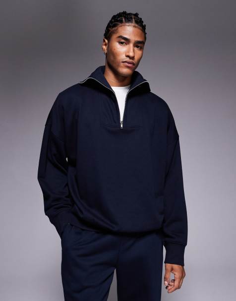ASOS DESIGN relaxed drop shoulder quarter zip sweatshirt in navy - view 1