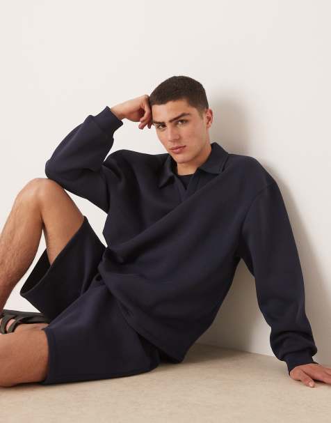 ASOS DESIGN relaxed drop shoulder sweatshirt with collar in navy (part of a set) - view 1
