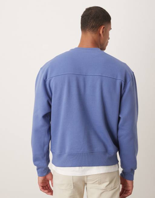 ASOS DESIGN relaxed drop shoulder sweatshirt with woven label detail in washed blue, 3 of 5