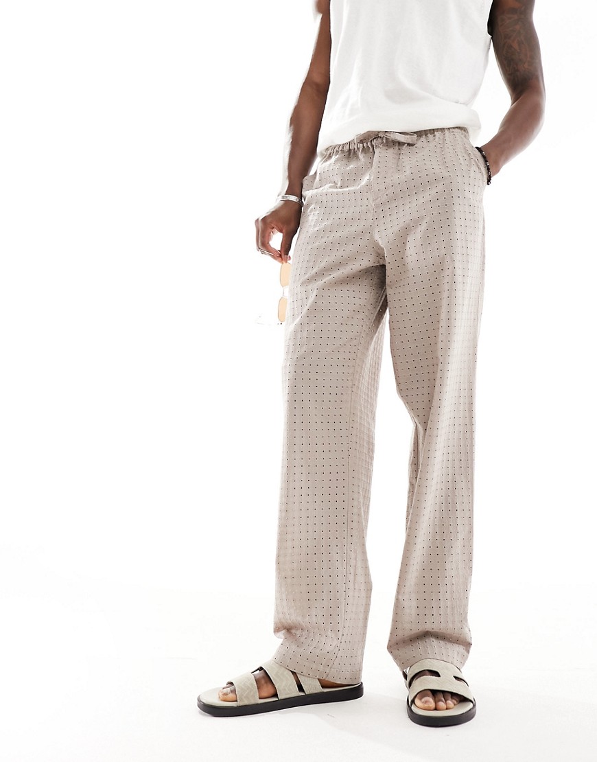 relaxed eyelet pants in brown with elasticated waist