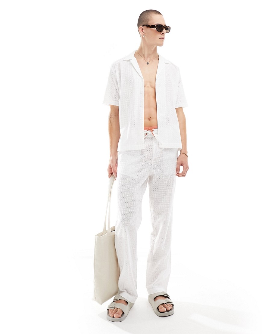 relaxed eyelet pants in white with elasticated waist - part of a set