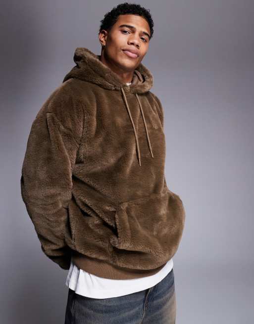 ASOS DESIGN relaxed faux fur hoodie in brown ASOS
