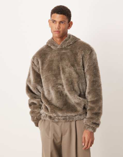 ASOS DESIGN relaxed faux fur hoodie in brown - view 1
