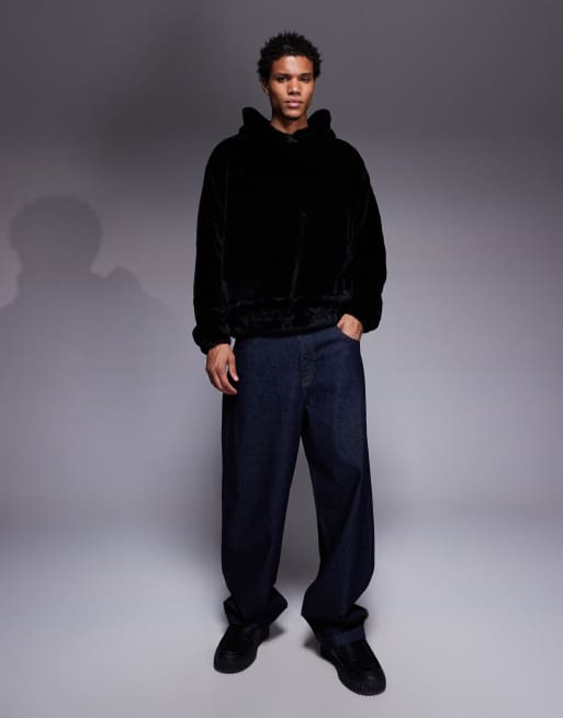 ASOS DESIGN relaxed faux fur hoodie with side entry pockets in black, 2 of 5