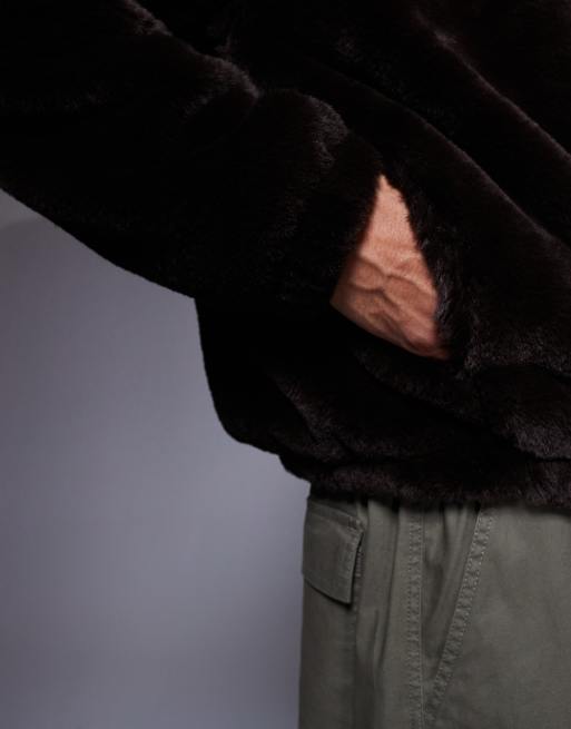 ASOS DESIGN relaxed faux fur hoodie with side entry pockets in brown , 5 of 5