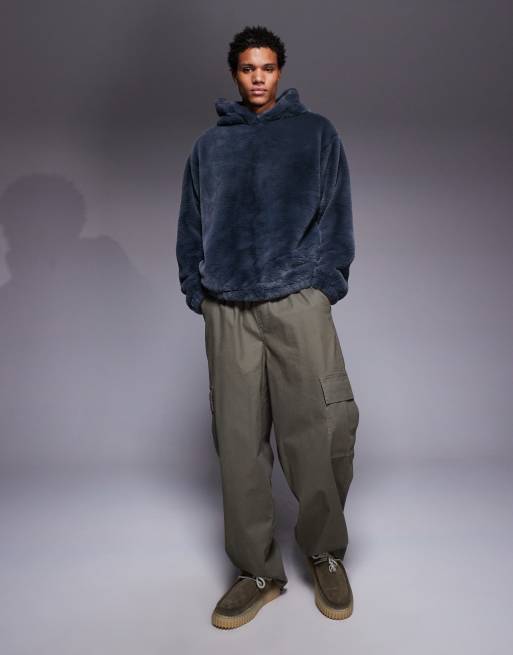 ASOS DESIGN relaxed faux-fur hoodie with side entry pockets in grey, 2 of 5