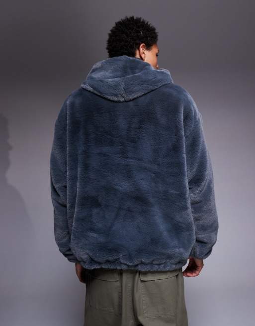 ASOS DESIGN relaxed faux-fur hoodie with side entry pockets in grey, 3 of 5