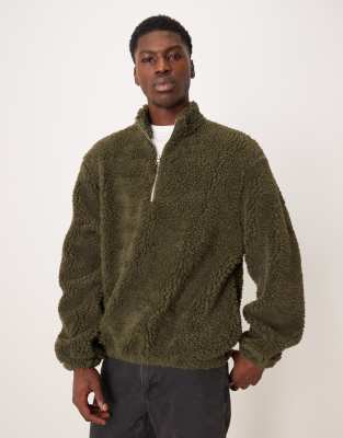 Asos Design Relaxed Faux Shearling Quarter Zip Sweatshirt In Green