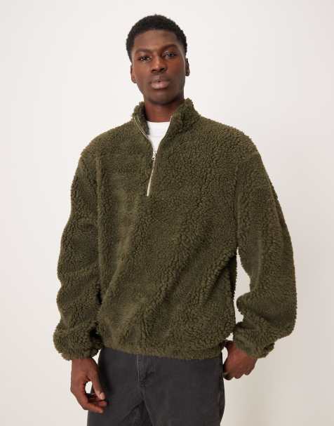 ASOS DESIGN relaxed faux shearling quarter zip sweatshirt in dark green - view 1