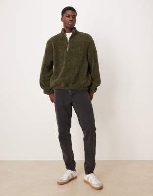 Asos Design Relaxed Faux Shearling Quarter Zip Sweatshirt In Green