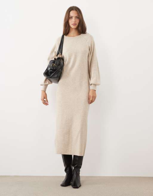 ASOS DESIGN relaxed fine gauge crew neck midi dress in oatmeal, 3 of 4