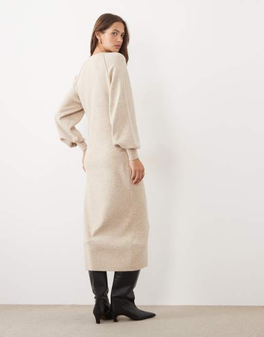ASOS DESIGN relaxed fine gauge crew neck midi dress in oatmeal, 4 of 4