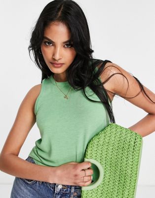 ASOS DESIGN relaxed fine knit vest with raw hem in green marl