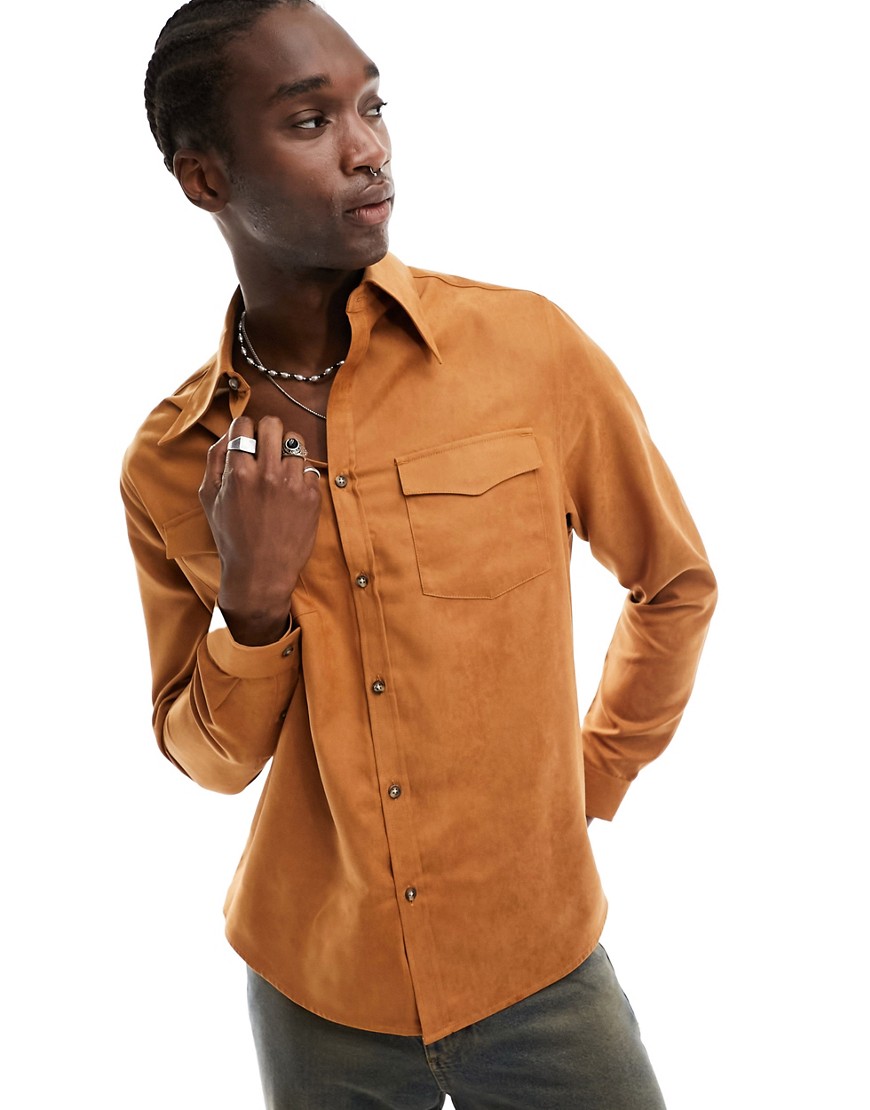ASOS DESIGN relaxed fit 70s collar western suedette shirt in tan-Brown