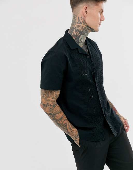 ASOS DESIGN relaxed fit black cotton shirt with embroidery detail and  revere collar