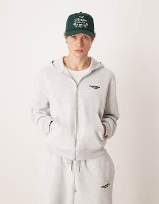 Asos Design Relaxed Fit Boxy Zip Up Hoodie With Chest Print In Gray