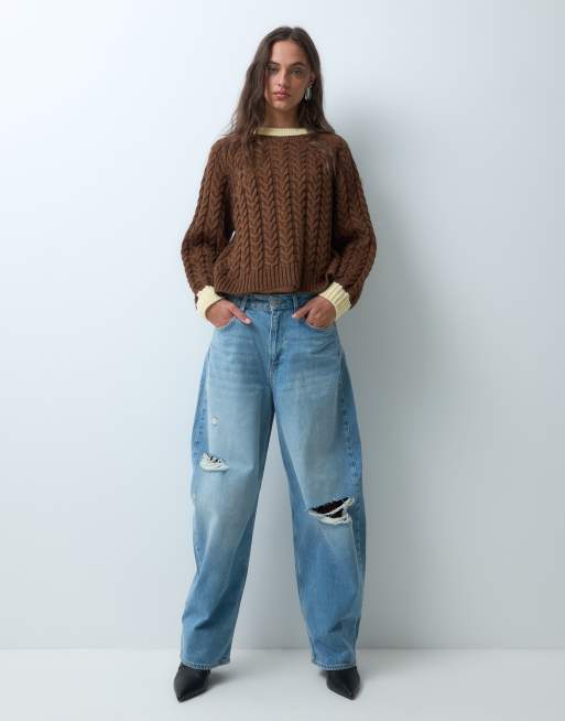 ASOS DESIGN relaxed fit cable knit jumper with contrast rib in brown, 2 of 9