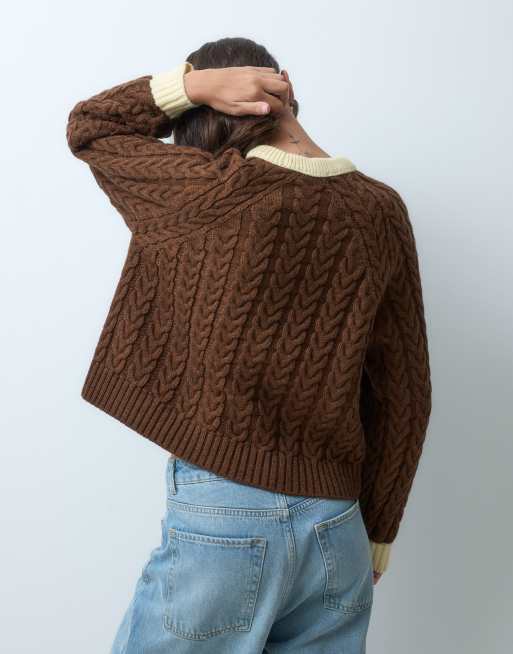 ASOS DESIGN relaxed fit cable knit jumper with contrast rib in brown, 4 of 9