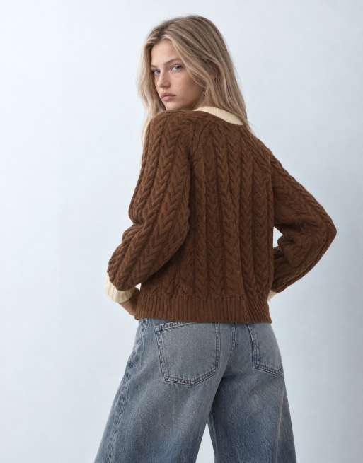 ASOS DESIGN relaxed fit cable knit jumper with contrast rib in brown, 6 of 9