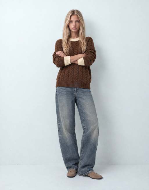 ASOS DESIGN relaxed fit cable knit jumper with contrast rib in brown, 9 of 9