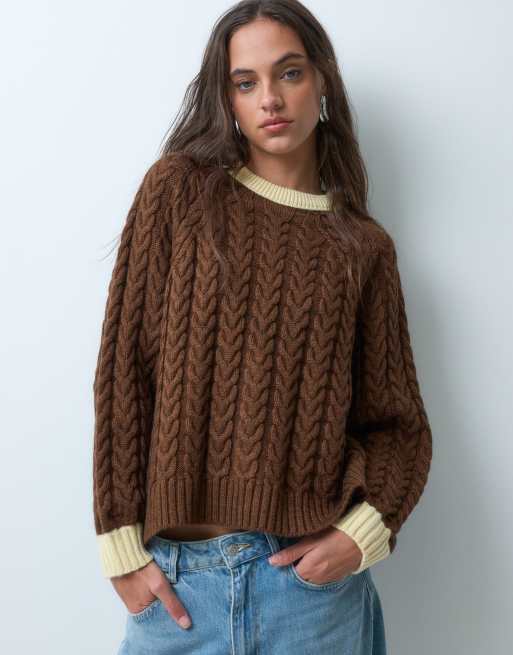 ASOS DESIGN relaxed fit cable knit sweater with contrast rib in brown, 3 of 9