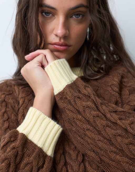 ASOS DESIGN relaxed fit cable knit sweater with contrast rib in brown, 5 of 9