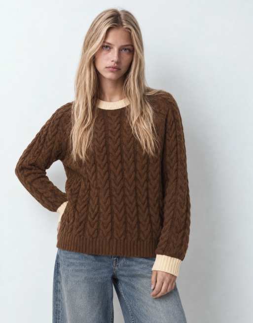 ASOS DESIGN relaxed fit cable knit sweater with contrast rib in brown, 7 of 9