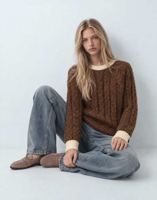 ASOS DESIGN relaxed fit cable knit sweater with contrast rib in brown, 8 of 9