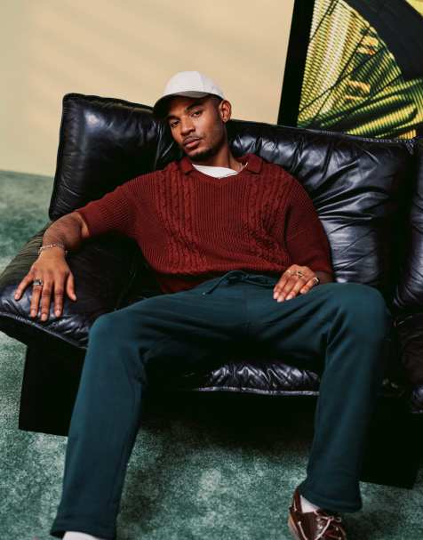 ASOS DESIGN relaxed fit cable knitted notch neck polo in burgundy - view 1