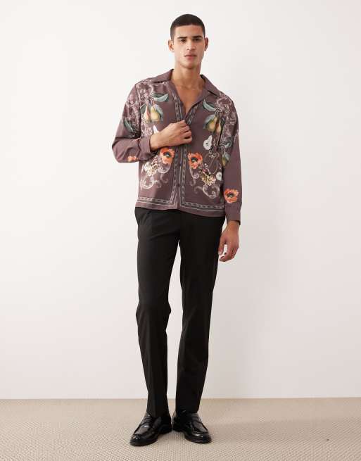 ASOS DESIGN relaxed fit camp collar satin shirt with print detail in brown