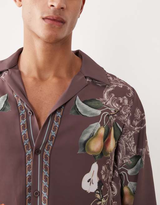 ASOS DESIGN relaxed fit camp collar satin shirt with print detail in brown