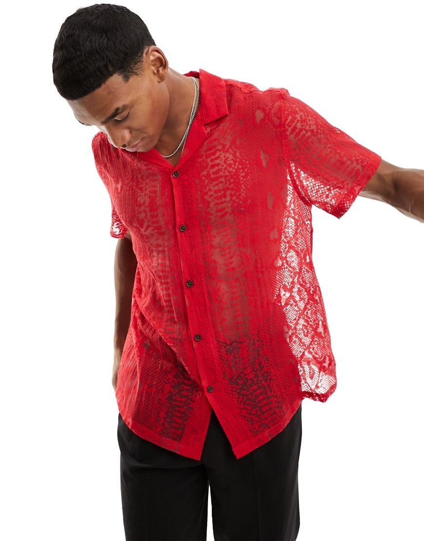 Asos Design Relaxed Fit Camp Collar Shirt In Red Snake Burnout
