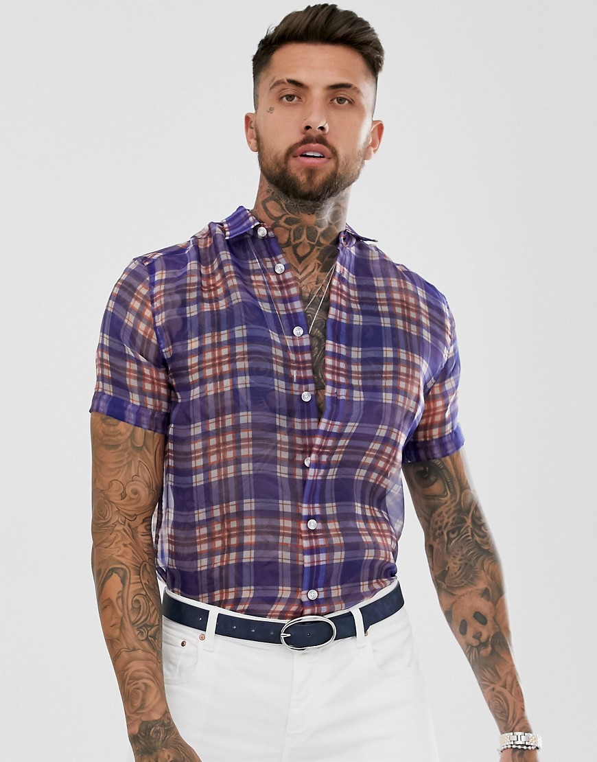ASOS DESIGN relaxed fit check shirt in organza-Blue