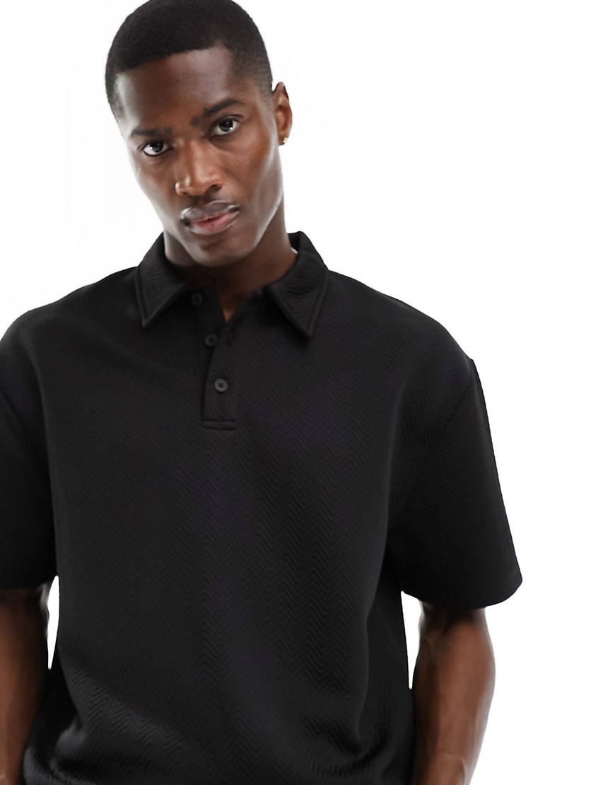 ASOS DESIGN relaxed fit chevron textured polo in black