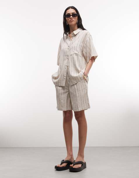 ASOS DESIGN – Relaxed-Fit-Dad-Shorts in Naturfarbe mit Streifen und Leinenanteil - view 1