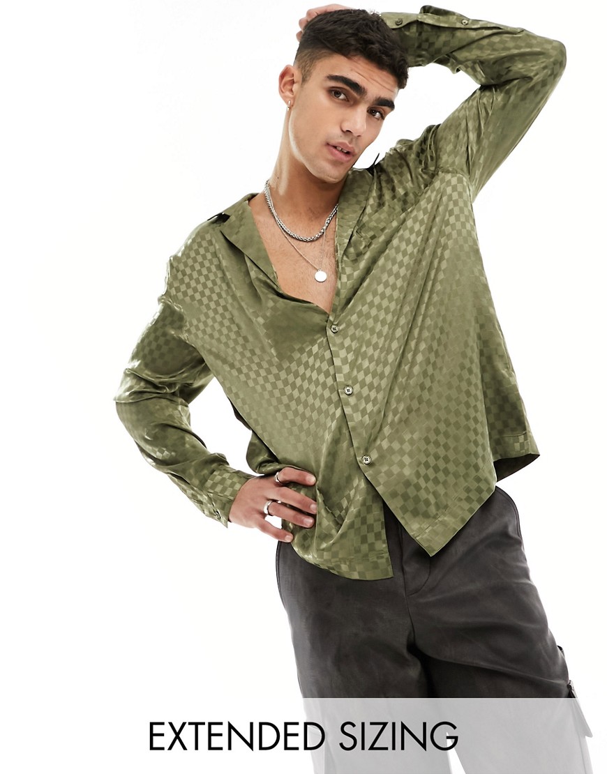 Asos Design Relaxed Fit Deep Revere Collar Checkerboard Satin Jacquard Shirt In Khaki-green