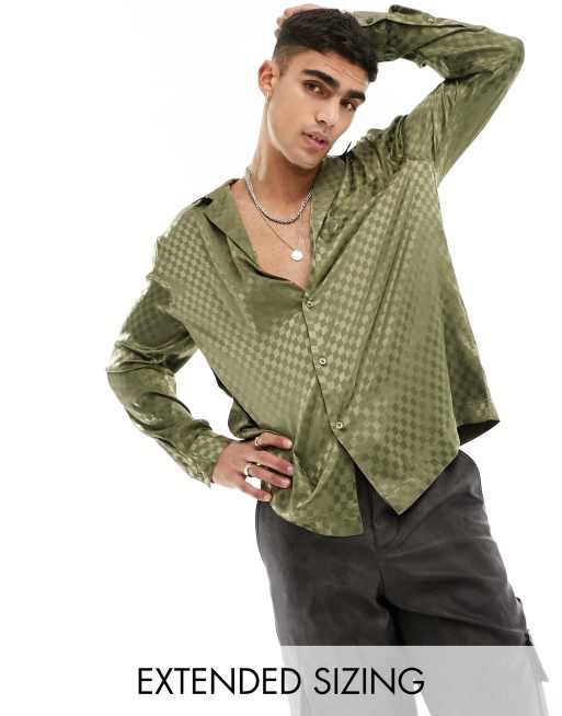 ASOS DESIGN relaxed fit deep revere collar checkerboard satin jacquard shirt in khaki