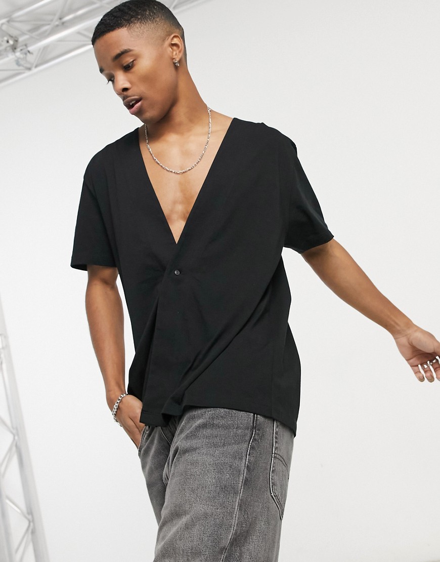 ASOS DESIGN relaxed fit deep V-neck jersey shirt in black