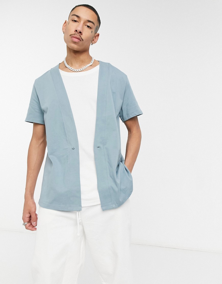 ASOS DESIGN relaxed fit deep v neck jersey shirt in blue-Blues