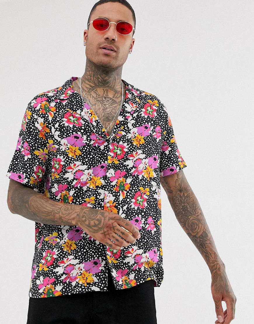 ASOS DESIGN relaxed fit floral spot shirt with deep revere-Black
