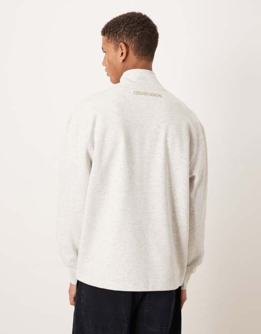 ASOS DESIGN relaxed fit half-zip sweatshirt with tonal puff print in white marl, 3 of 5