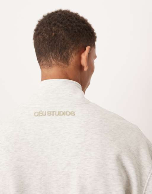 ASOS DESIGN relaxed fit half-zip sweatshirt with tonal puff print in white marl, 5 of 5